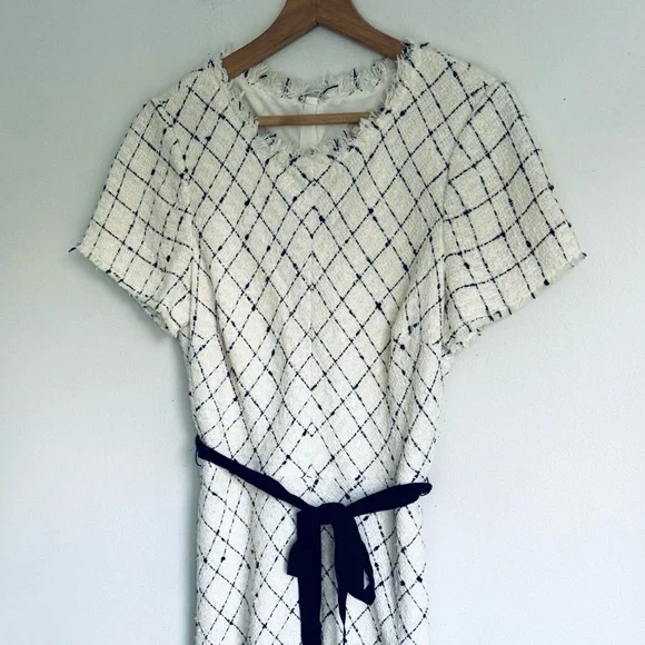 Rebecca Taylor Madison Tweed Check Belted Dress in Cream and Black - Picture 3 of 6